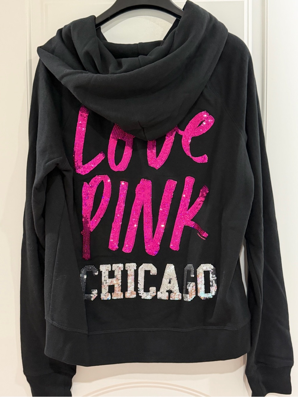 Victoria's Secret Black Zip up Hoodie with Sequin 'Love PINK Chicago'